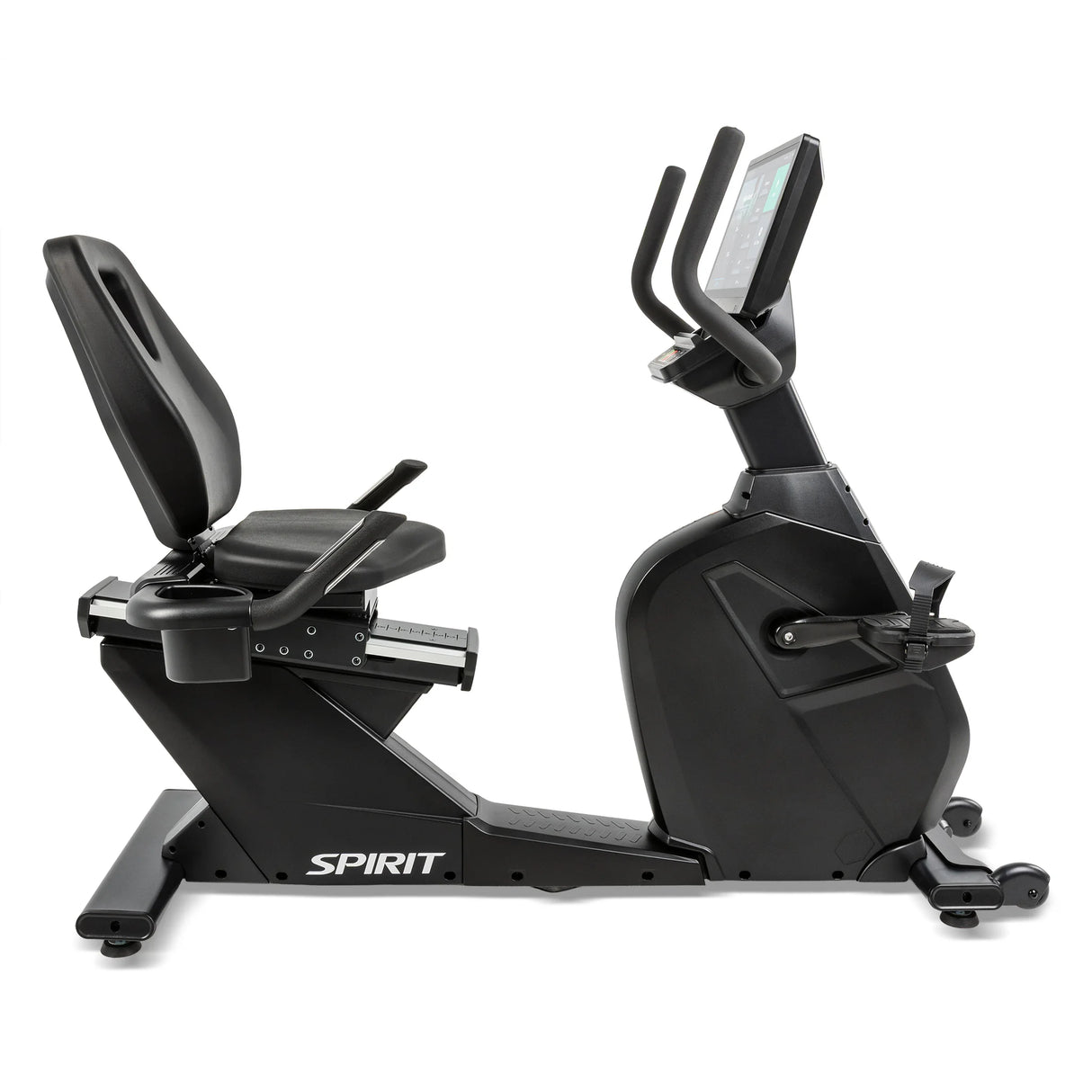 Side profile of the black Spirit Fitness CR1000ENT Recumbent Bike showing its low step-through frame, reclined seating position, pedal crank, and console angled toward the rider.