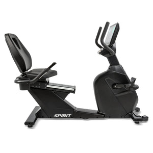 Profile view of the Spirit Fitness CR1000ENT Recumbent Bike on a white background, showing the recumbent seating layout, pedal position, and the console's forward tilt for easy viewing while seated.