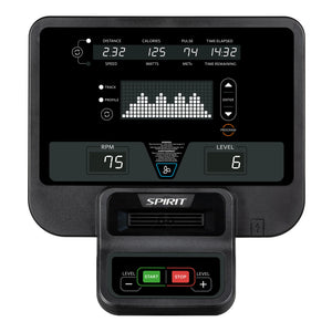The Spirit Fitness CR800 Recumbent Bike by Spirit Fitness features a black digital display showing distance, calories, pulse, time elapsed, RPM, resistance level, program buttons, and start/stop controls with white and colored text and icons.