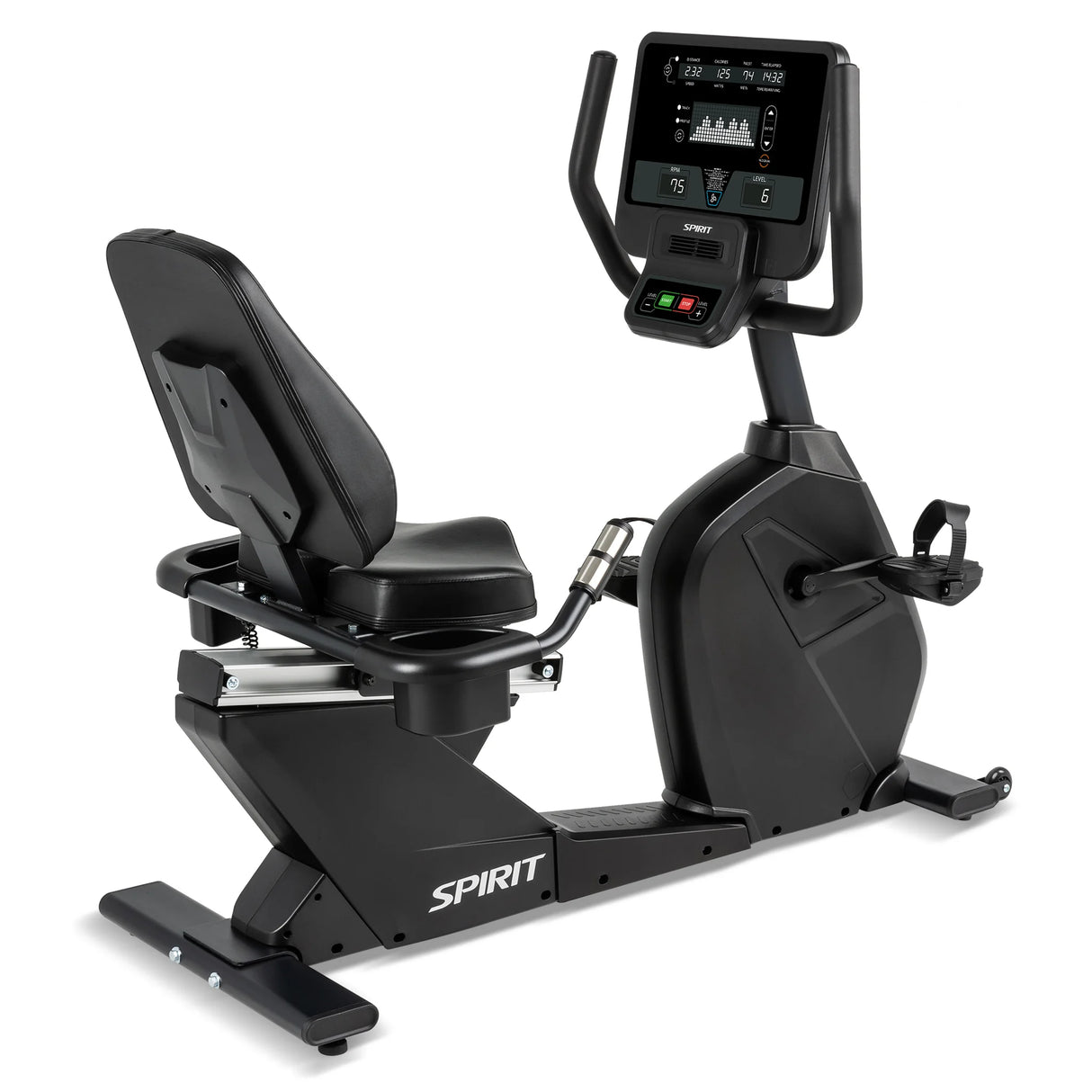 The Spirit Fitness CR800 Recumbent Bike features a black frame, padded seat and backrest, digital display screen, handlebars, and the Spirit Fitness brand name visible on the lower frame.
