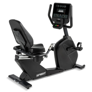 The Spirit Fitness CR800 Recumbent Bike features a black frame, padded seat and backrest, digital display screen, handlebars, and the Spirit Fitness brand name visible on the lower frame.