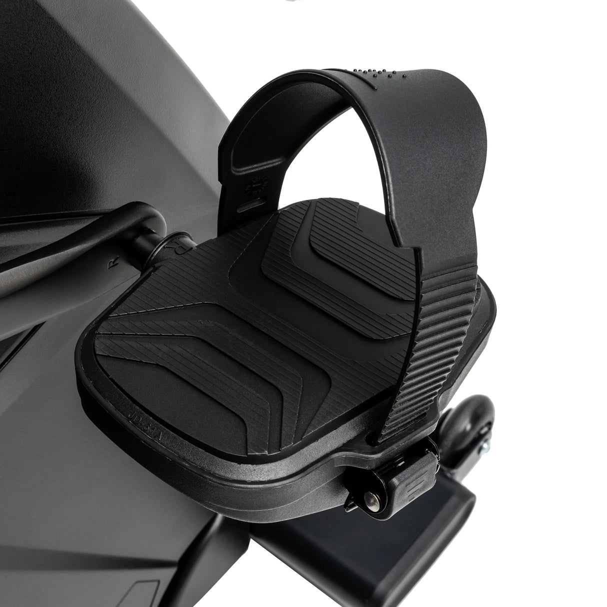 Close-up of a textured black pedal with an adjustable foot strap attached to the crank arm of the Spirit Fitness CR800 Recumbent Bike by Spirit Fitness, shown against a white background.