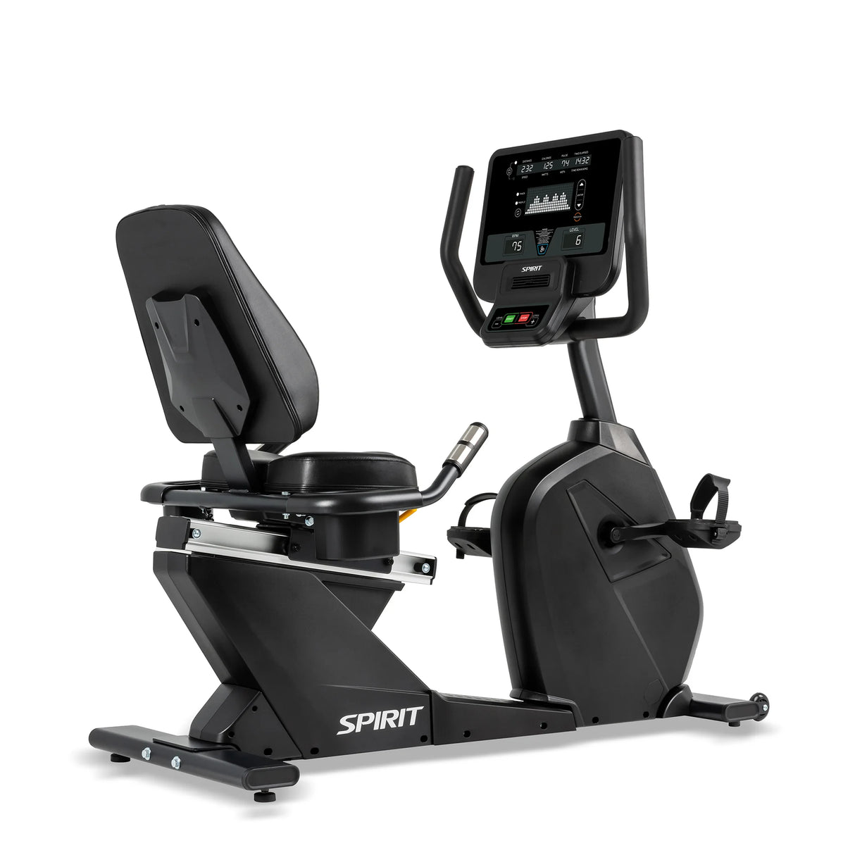 The Spirit Fitness CR800 Recumbent Bike is a black exercise bike featuring a padded seat, backrest, digital display, handlebars, and foot pedals. The Spirit Fitness logo appears on the lower frame.