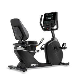 The Spirit Fitness CR800 Recumbent Bike is a black exercise bike featuring a padded seat, backrest, digital display, handlebars, and foot pedals. The Spirit Fitness logo appears on the lower frame.