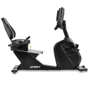 The Spirit Fitness CR800 Recumbent Bike by Spirit Fitness, shown in black with a padded seat, backrest, pedals, and digital display console, features the SPIRIT logo on the side against a white background.
