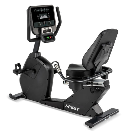 The Spirit Fitness CR800 Recumbent Bike is a black exercise bike featuring a digital display, handlebars, cushioned seat with backrest, and pedals. The Spirit Fitness brand name appears on the lower frame.