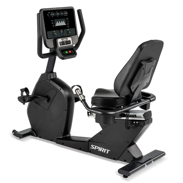 The Spirit Fitness CR800 Recumbent Bike is a black exercise bike featuring a digital display, handlebars, cushioned seat with backrest, and pedals. The Spirit Fitness brand name appears on the lower frame.