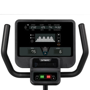 Close-up of the Spirit Fitness CR800 Recumbent Bike display showing 2.32 miles, 125 calories, pulse 74, time 14:32, RPM 75, resistance level 6 with handlebars in view.