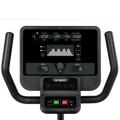 Close-up of the Spirit Fitness CR800 Recumbent Bike display showing 2.32 miles, 125 calories, pulse 74, time 14:32, RPM 75, resistance level 6 with handlebars in view.