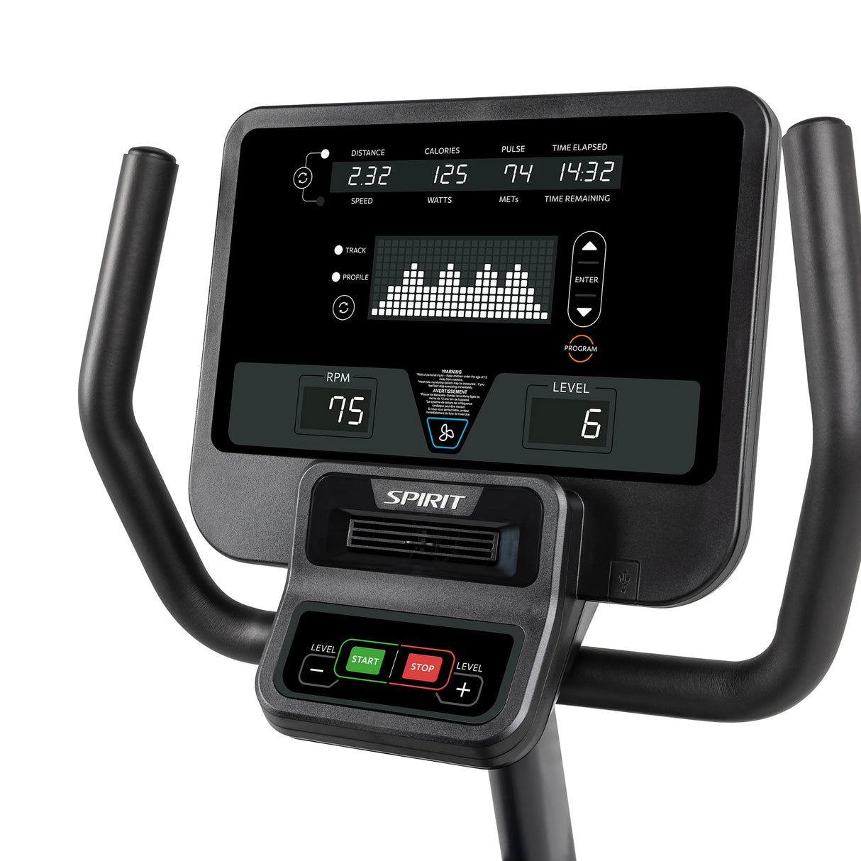 Close-up of the Spirit Fitness CR800 Recumbent Bike display showing distance, calories, pulse, speed, time, RPM, and resistance. The console features start/stop buttons and handlebars on each side. Brand: Spirit Fitness.