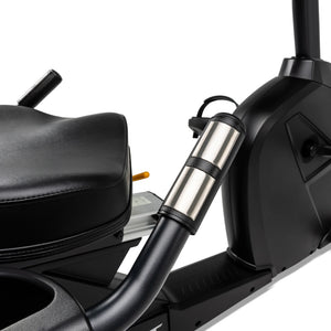 Close-up of the Spirit Fitness CR800 Recumbent Bike by Spirit Fitness, highlighting its padded seat, digital display, and handlebar with built-in metallic pulse sensors.