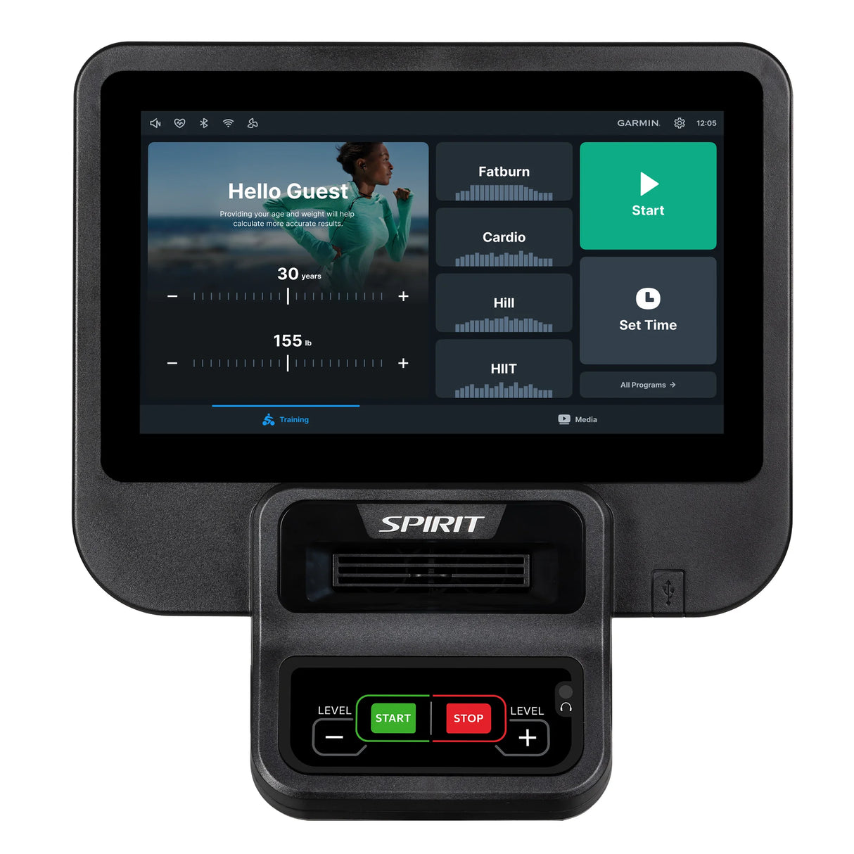 The Spirit Fitness CR800ENT Recumbent Bike features a touchscreen display with workout options such as Fatburn, Cardio, Hill, and HIIT. The screen greets “Hello, Guest” and shows adjustable resistance and incline settings.