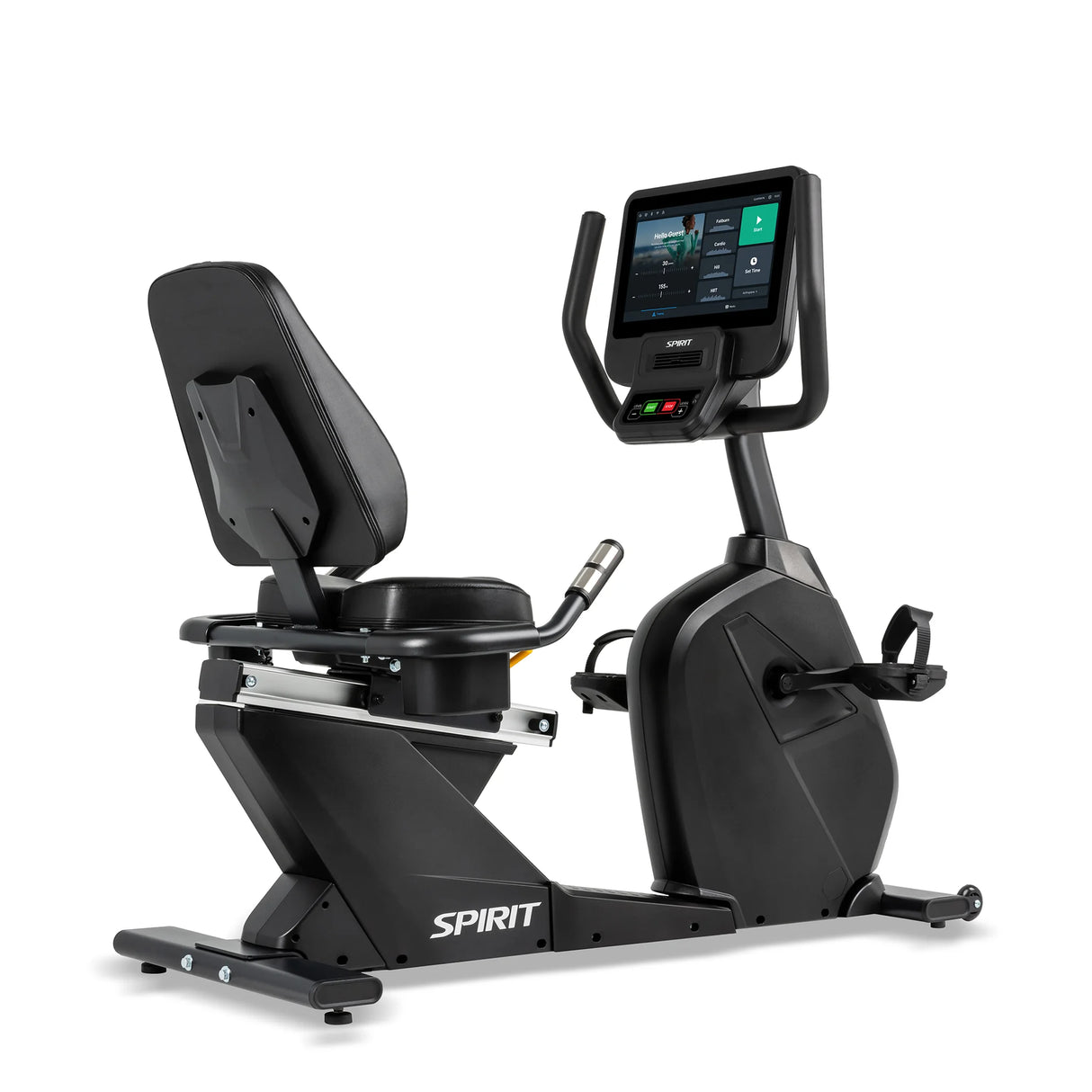 The Spirit Fitness CR800ENT Recumbent Bike features a large touchscreen, comfortable seat with backrest, strapped pedals, and a black frame with silver accents branded Spirit Fitness.