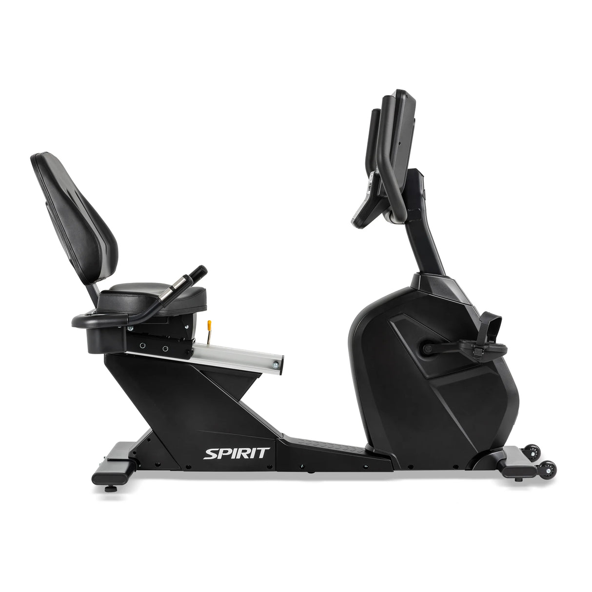 The Spirit Fitness CR800ENT Recumbent Bike by Spirit Fitness in matte black features a padded seat with backrest, adjustable console with handlebars, pedals, and transport wheels, shown in side profile on a white background.