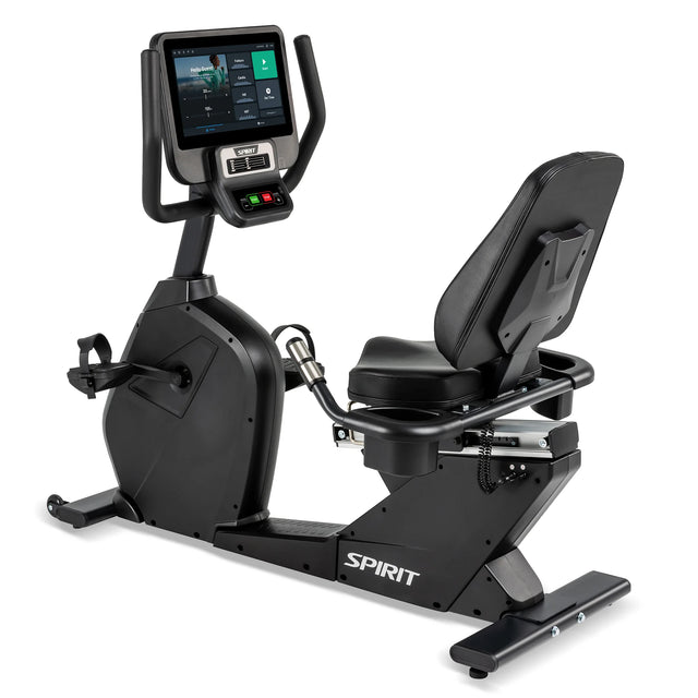 The Spirit Fitness CR800ENT Recumbent Bike by Spirit Fitness features a sleek black design and a large touchscreen console displaying workout options.