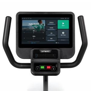 The Spirit Fitness CR800ENT Recumbent Bike by Spirit Fitness is a black exercise bike featuring a large touchscreen display with workout programs such as Fatburn, Cardio, HIIT, and Set Time.