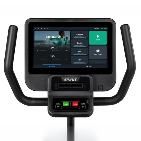 The Spirit Fitness CR800ENT Recumbent Bike by Spirit Fitness is a black exercise bike featuring a large touchscreen display with workout programs such as Fatburn, Cardio, HIIT, and Set Time.