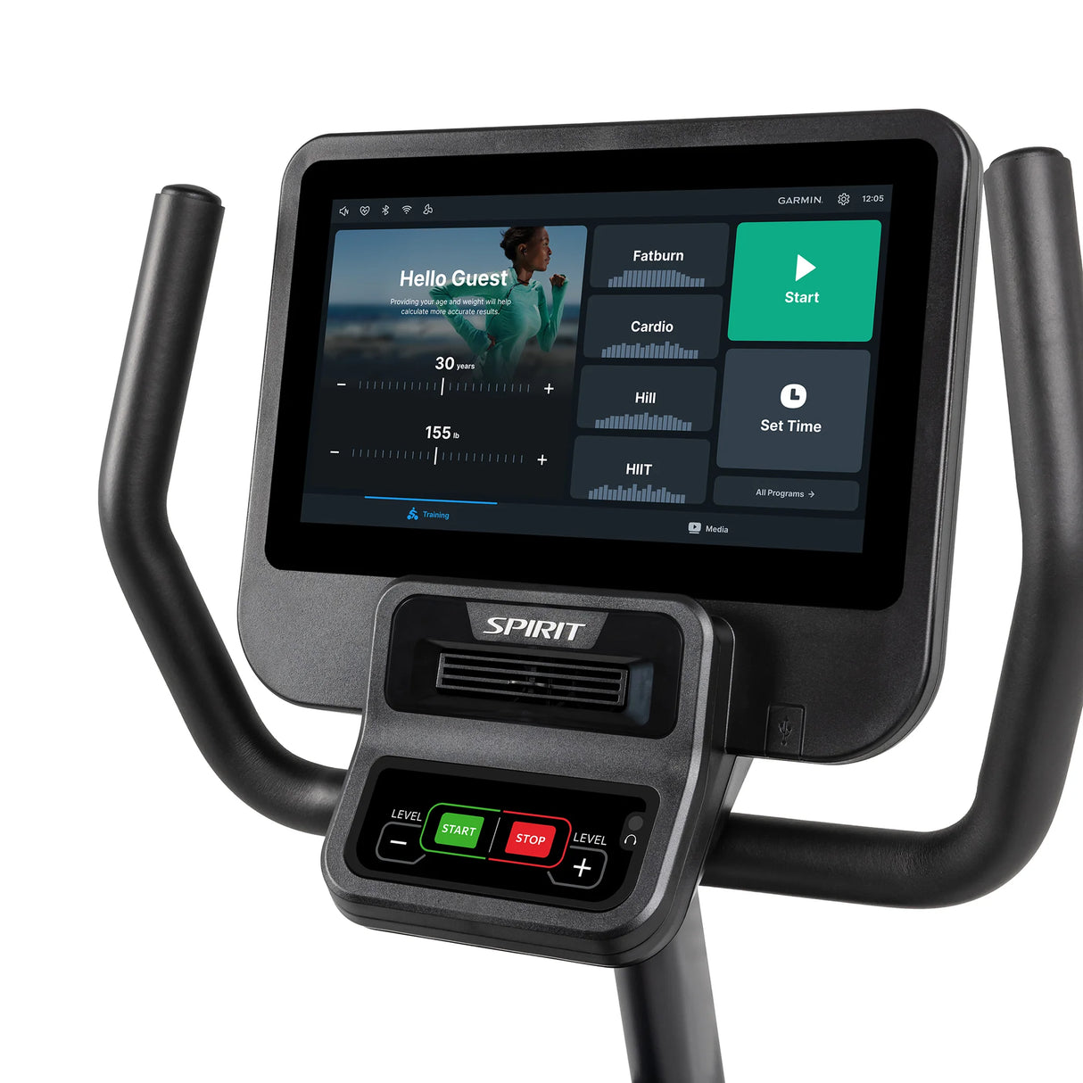 Close-up of the Spirit Fitness CR800ENT Recumbent Bike console showing workout stats and options on a digital screen, with handlebars and control buttons for level, start, stop, and level +/-. The Spirit Fitness logo appears below the display.