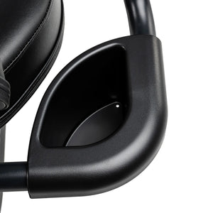 Close-up of the black plastic armrest with smooth curved edges and a small indent on the Spirit Fitness CR800ENT Recumbent Bike by Spirit Fitness, positioned beside its padded black seat.
