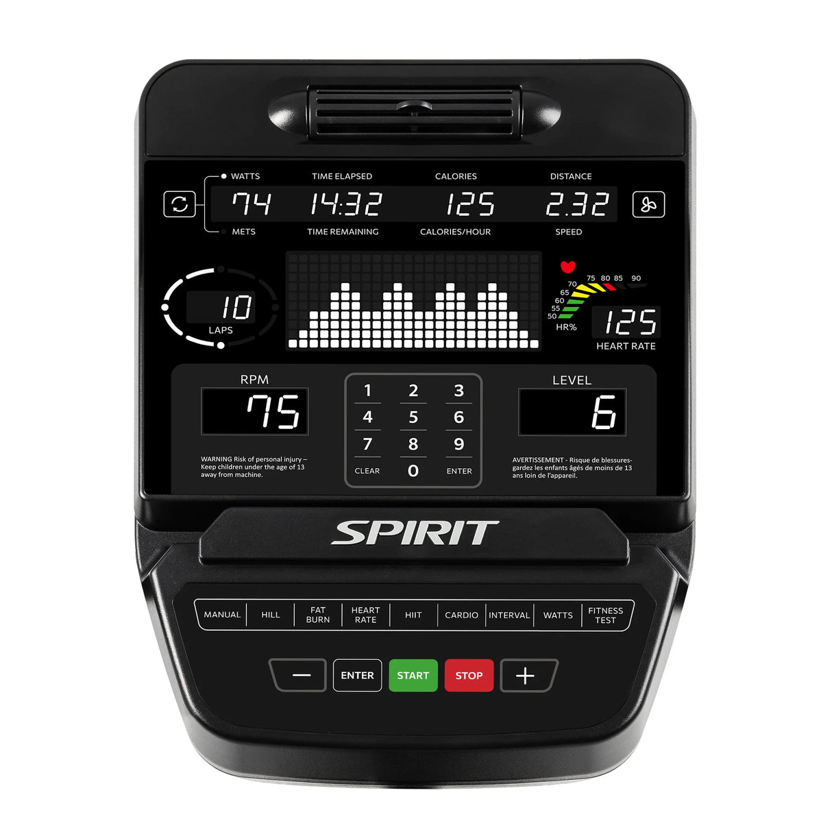 A close-up of the Spirit Fitness CR900 Recumbent Bike control panel shows workout metrics—watts, time, calories, distance, METs, speed, RPM, heart rate, level—with various buttons and a numeric keypad below the screen.