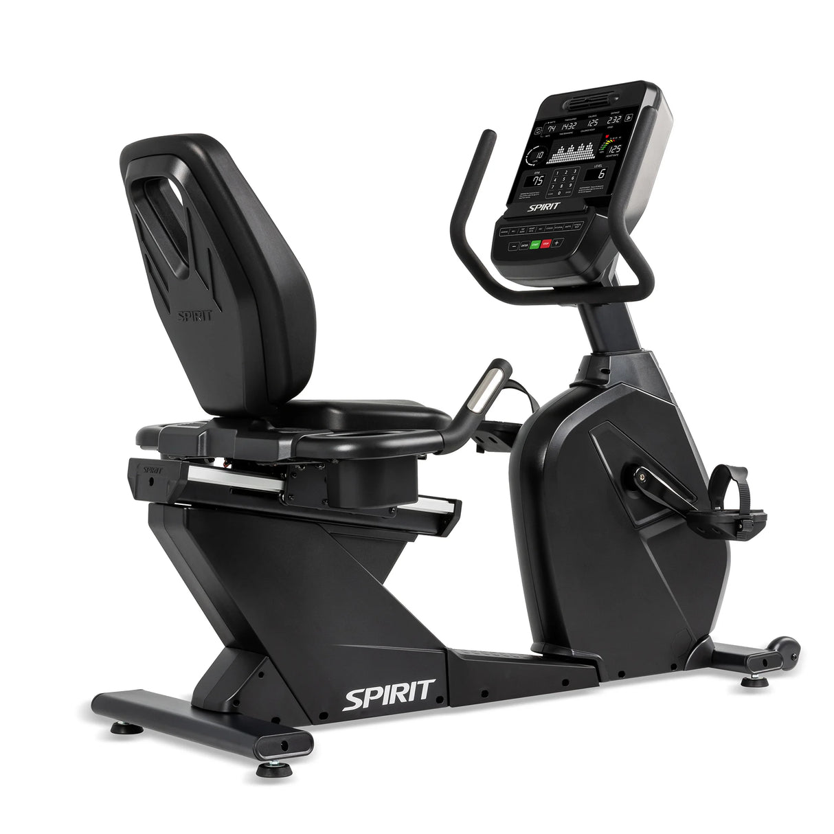 The Spirit Fitness CR900 Recumbent Bike features a black frame, large digital display, padded seat with backrest, and two side handles. The Spirit Fitness logo is displayed on the lower front frame.
