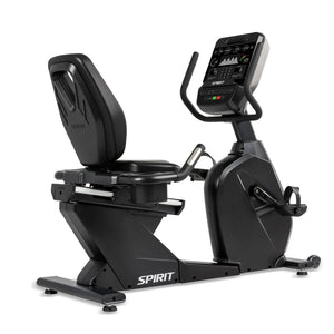 The Spirit Fitness CR900 Recumbent Bike features a black frame, large digital display, padded seat with backrest, and two side handles. The Spirit Fitness logo is displayed on the lower front frame.