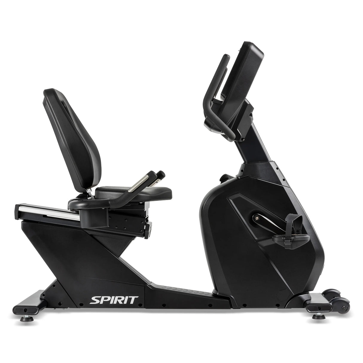 The Spirit Fitness CR900 Recumbent Bike features a black frame, cushioned seat and backrest, pedals, and a front-mounted digital console. The Spirit Fitness brand name appears near the base.