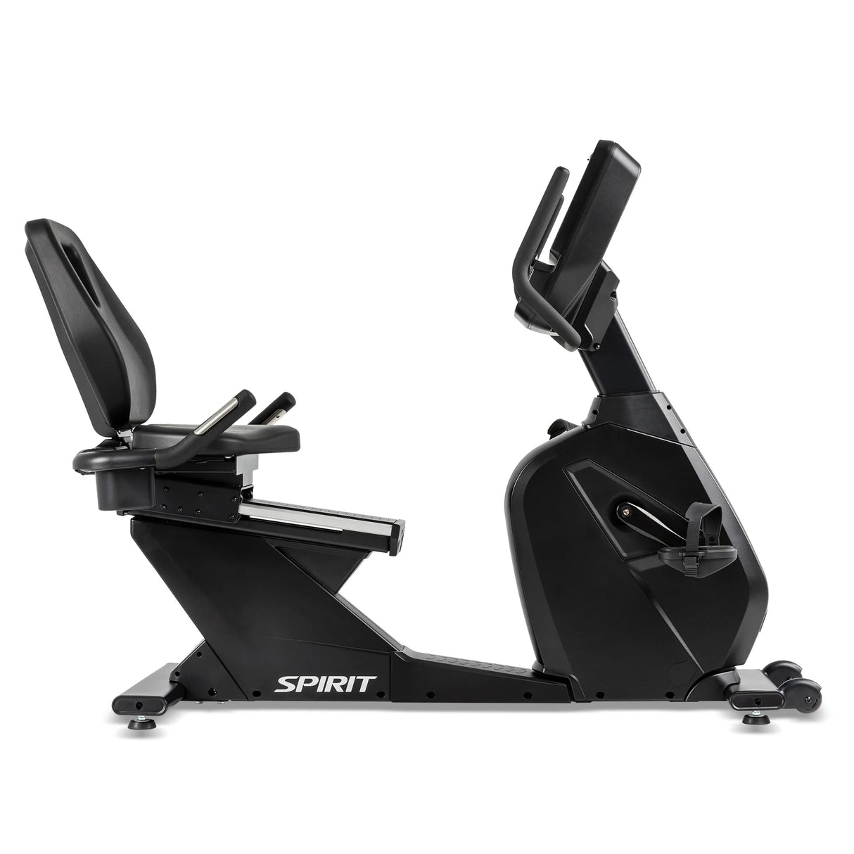 The Spirit Fitness CR900 Recumbent Bike by Spirit Fitness is shown in matte black with a padded seat and backrest, side handlebars, adjustable pedals, and front console, displayed side profile against a white background.