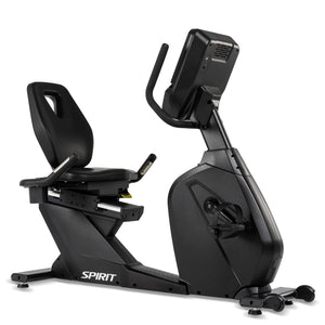The Spirit Fitness CR900 Recumbent Bike by Spirit Fitness features a comfortable seat, adjustable handlebars, and a digital display, shown here in black against a white background.
