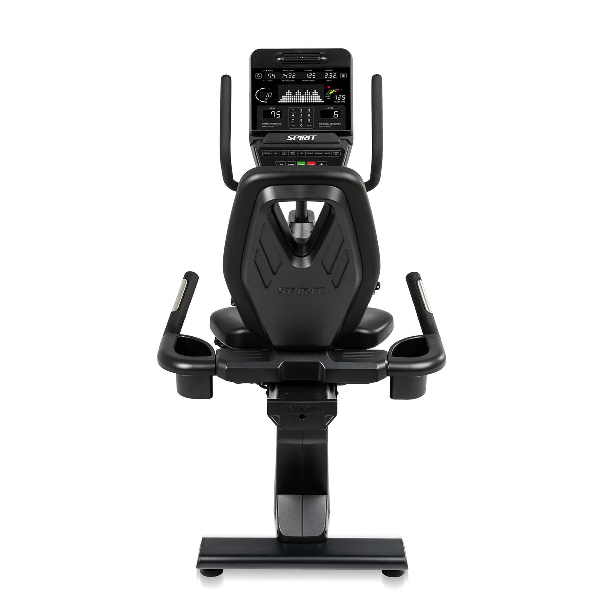 The Spirit Fitness CR900 Recumbent Bike by Spirit Fitness is shown from the rear, featuring a digital console, handlebars, and a cushioned backrest seat on a sturdy base.