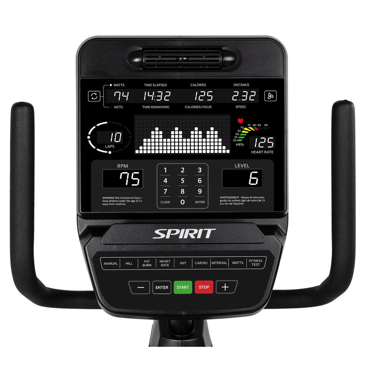 Close-up of the Spirit Fitness CR900 Recumbent Bike console by Spirit Fitness, showing workout stats like watts, time, calories, distance, laps, RPM, and heart rate. The console features multiple buttons and black handlebars on each side.