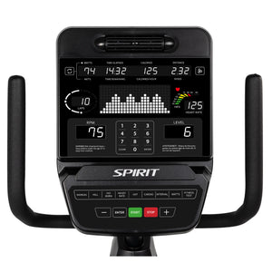 Close-up of the Spirit Fitness CR900 Recumbent Bike console by Spirit Fitness, showing workout stats like watts, time, calories, distance, laps, RPM, and heart rate. The console features multiple buttons and black handlebars on each side.