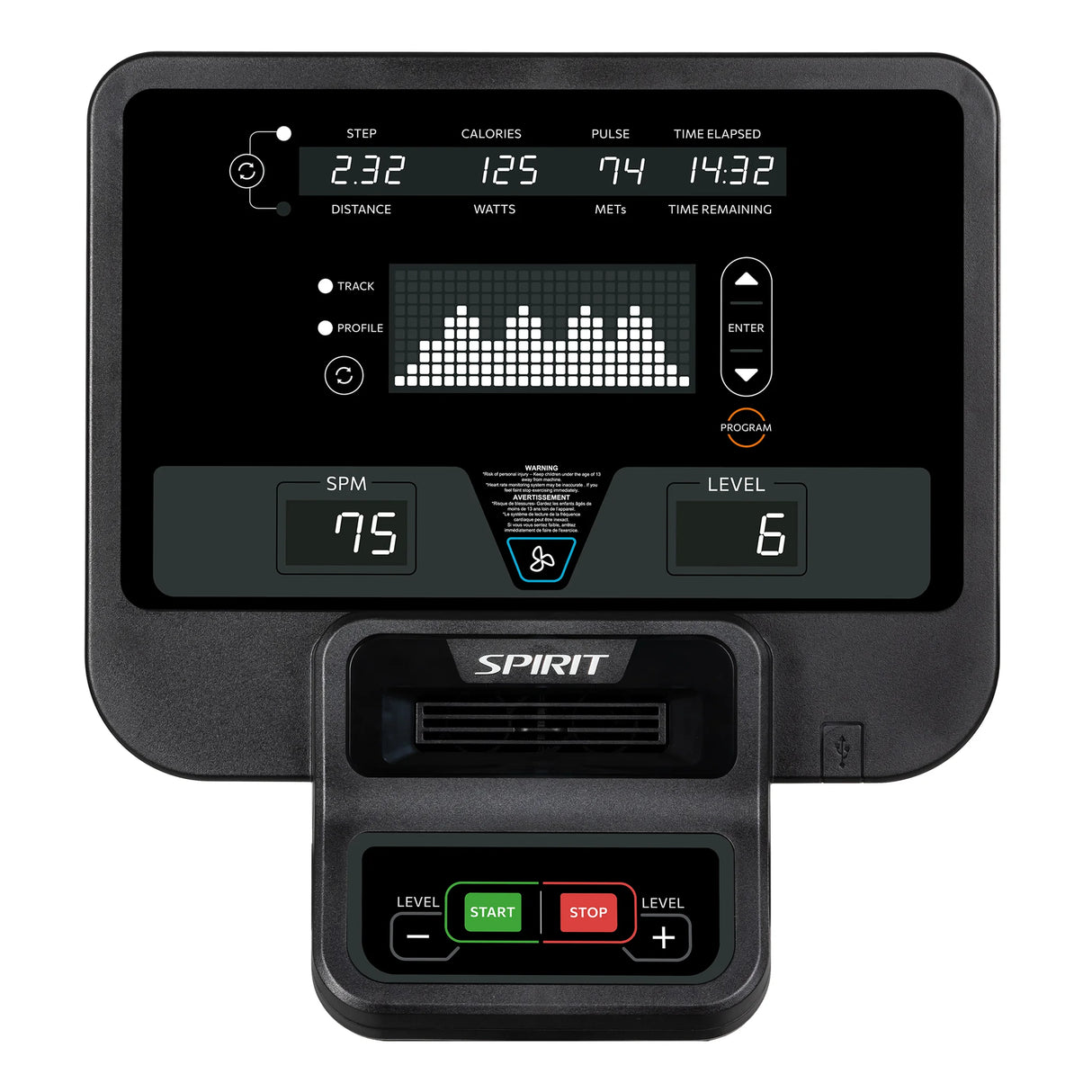 Close-up of a Spirit Fitness CRS800S Recumbent Seated Stepper display showing stats: step distance 2.32, calories 125, pulse 74, time elapsed 14:32, SPM 75, level 6; features control buttons for level, start, and stop.