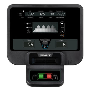 Close-up of a Spirit Fitness CRS800S Recumbent Seated Stepper display showing stats: step distance 2.32, calories 125, pulse 74, time elapsed 14:32, SPM 75, level 6; features control buttons for level, start, and stop.