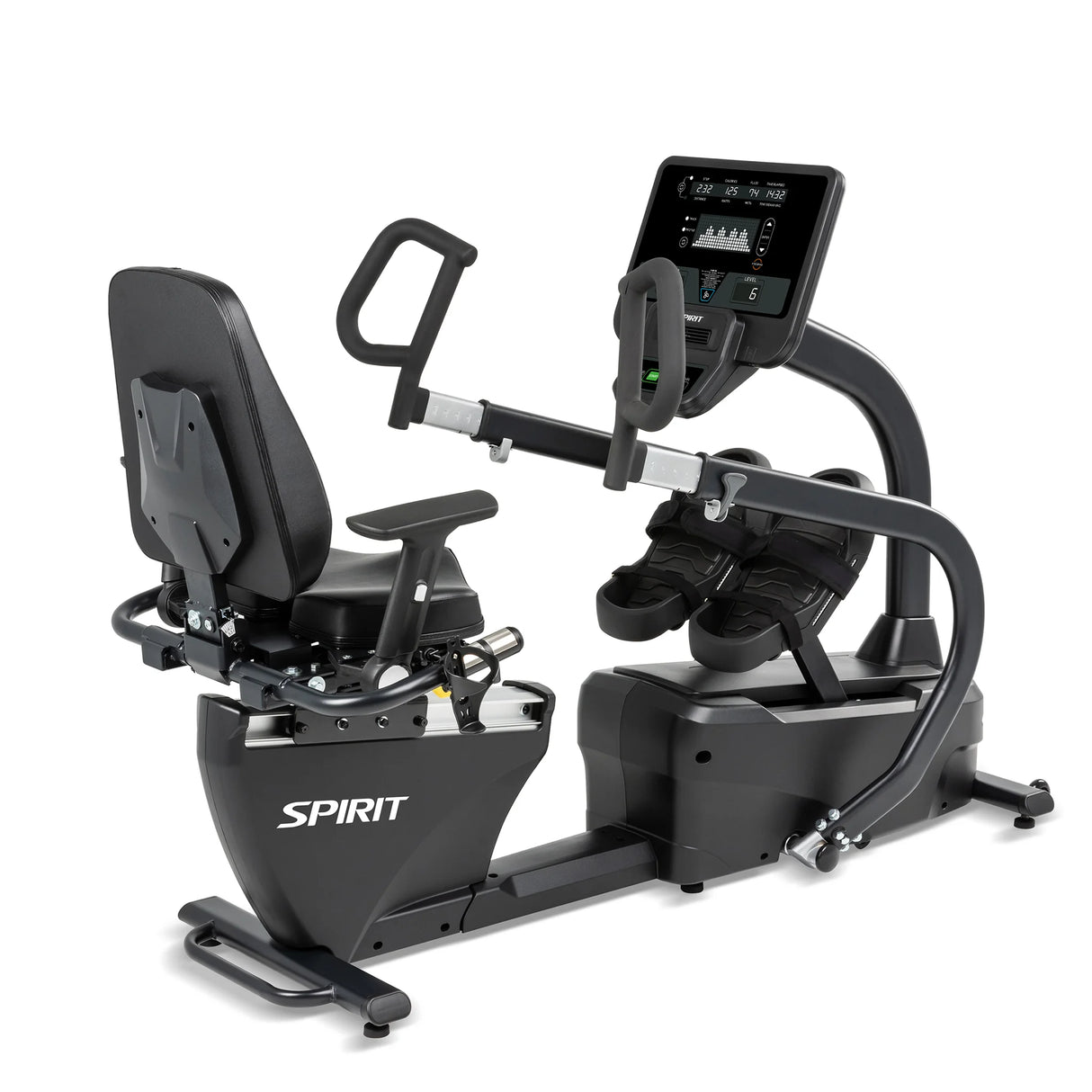 The Spirit Fitness CRS800S Recumbent Seated Stepper is a black exercise bike with a digital screen, adjustable seat, strapped pedals, and handlebars. The Spirit Fitness logo appears on the side. The bike is shown on a white background.