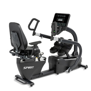 The Spirit Fitness CRS800S Recumbent Seated Stepper is a black exercise bike with a digital screen, adjustable seat, strapped pedals, and handlebars. The Spirit Fitness logo appears on the side. The bike is shown on a white background.