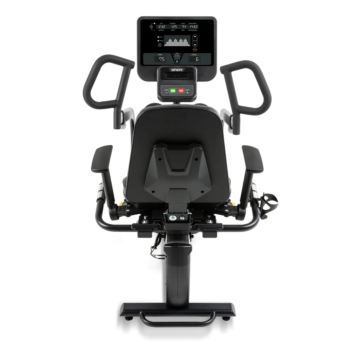 The Spirit Fitness CRS800S Recumbent Seated Stepper by Spirit Fitness is a black exercise bike seen from the rear, featuring a large digital display screen, side handles, a cushioned seat with backrest, and pedal straps.
