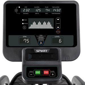 Close-up of the Spirit Fitness CRS800S Recumbent Seated Stepper console by Spirit Fitness, showing workout data: 2.32 steps, 125 calories, 74 pulse, 14:32 elapsed time, 75 SPM, level 6, and a workout intensity graph.