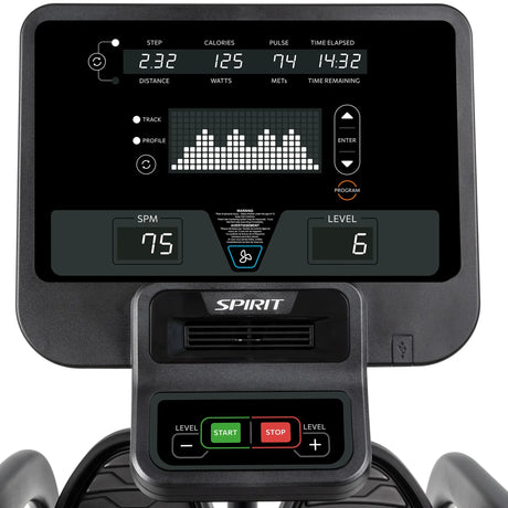 Close-up of the Spirit Fitness CRS800S Recumbent Seated Stepper console by Spirit Fitness, showing workout data: 2.32 steps, 125 calories, 74 pulse, 14:32 elapsed time, 75 SPM, level 6, and a workout intensity graph.