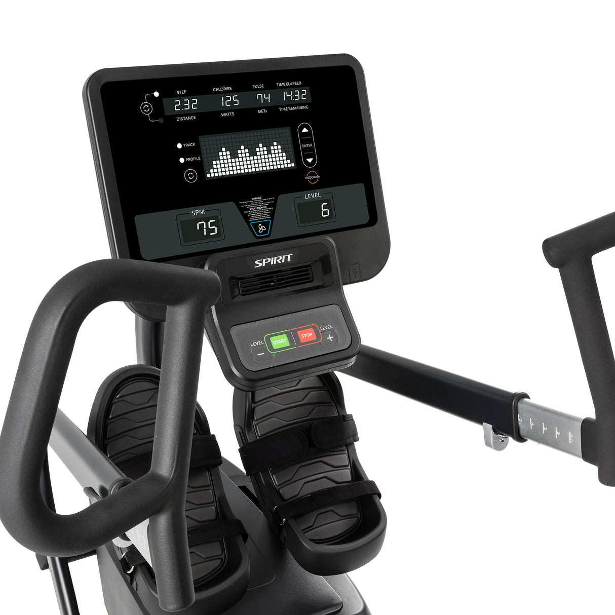 Close-up of a Spirit Fitness CRS800S Recumbent Seated Stepper control panel displays workout data such as time, calories, pulse, and distance. Foot pedals and moving handlebars from Spirit Fitness appear in the foreground.