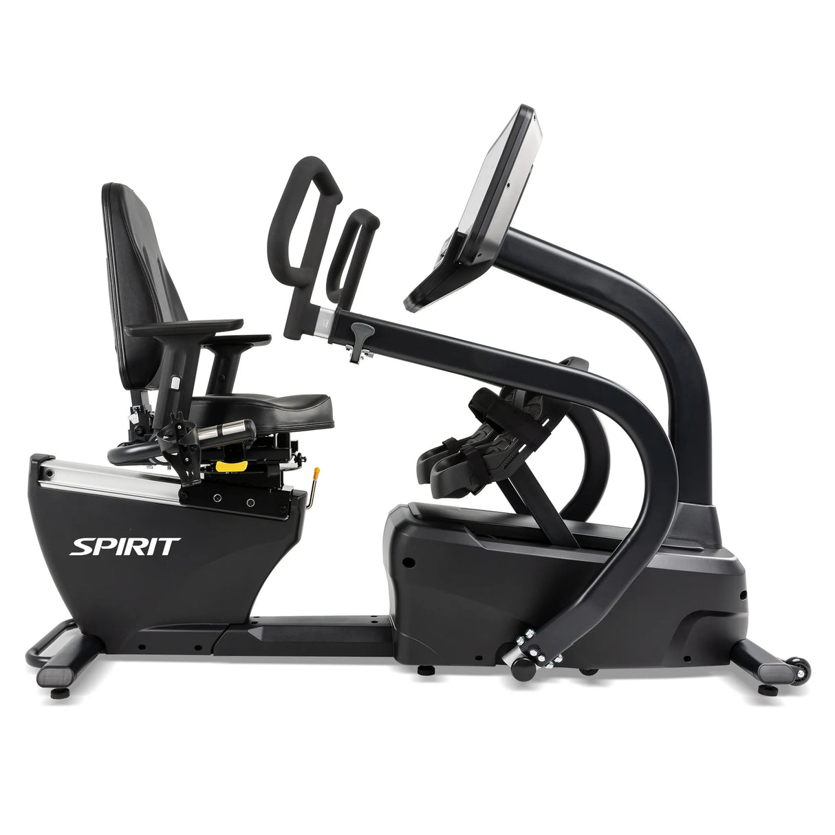 The Spirit Fitness CRS800S Recumbent Seated Stepper by Spirit Fitness is shown from the side against a white background, featuring a seat, backrest, two handles, and foot pedals in black.