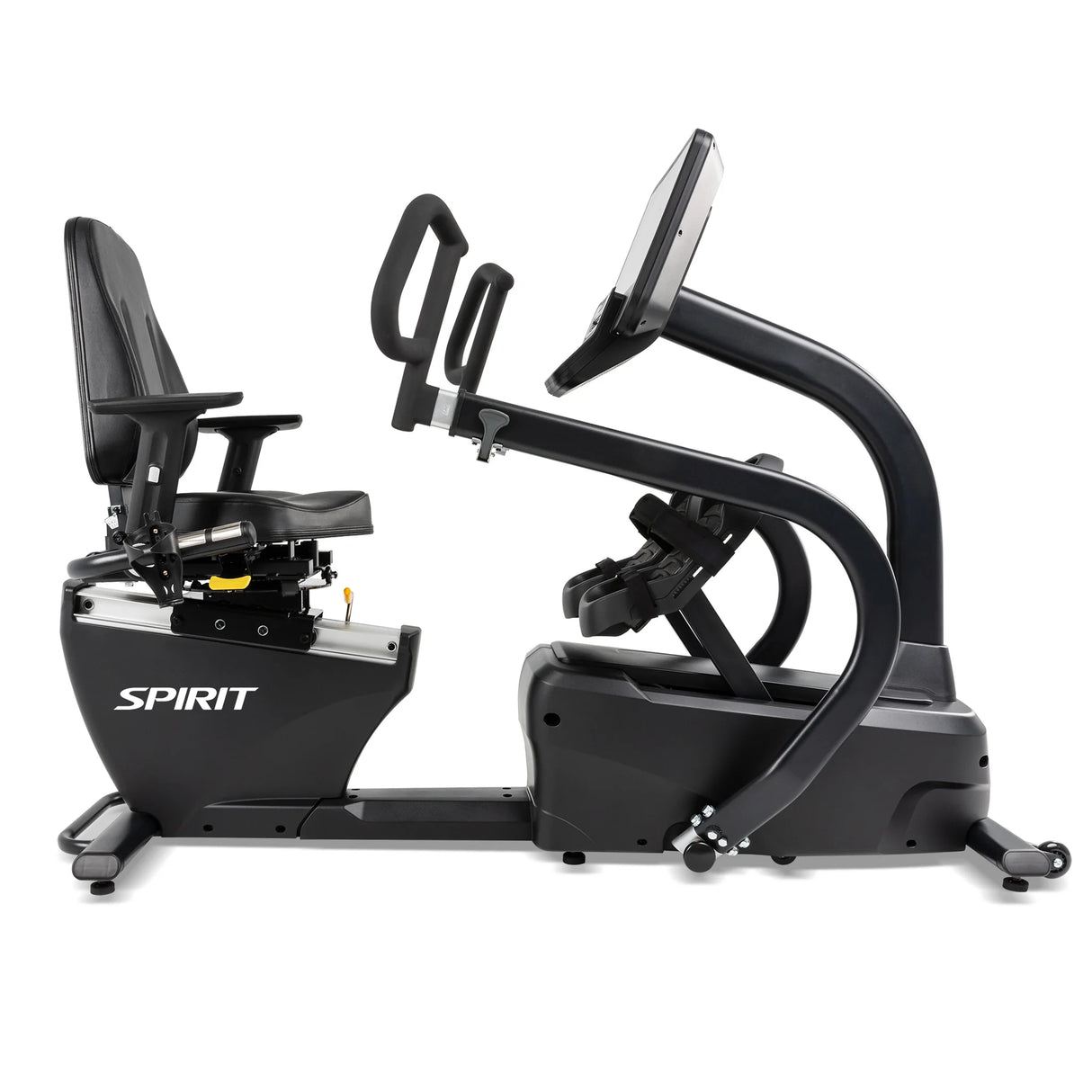 The Spirit Fitness CRS800S Recumbent Seated Stepper is a black exercise machine with a padded seat, backrest, handles, and a large digital display, featuring the Spirit Fitness branding on the side.