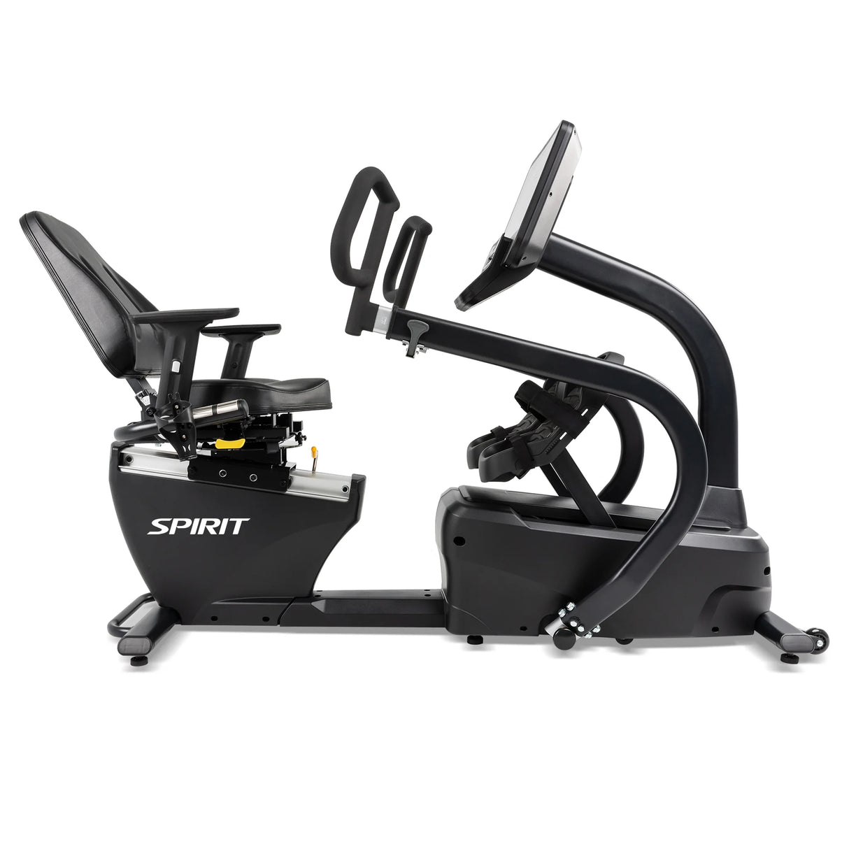 The Spirit Fitness CRS800S Recumbent Seated Stepper by Spirit Fitness in black features a padded seat with backrest, adjustable handlebars, strapped foot pedals, and a large display console, displayed on a white background.