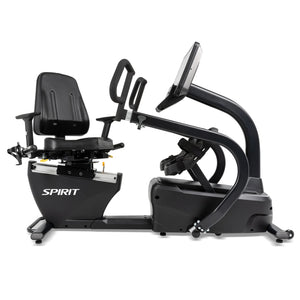 Spirit Fitness CRS800S Recumbent Seated Stepper by Spirit Fitness in matte black, featuring a padded seat with back support, adjustable handlebars, strapped foot pedals, and a large display console, shown on a white background.
