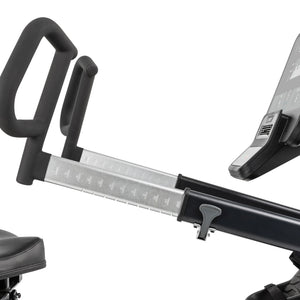 Close-up of the Spirit Fitness CRS800S Recumbent Seated Stepper’s foam-padded adjustable handlebars and digital display. Measurement markings are visible on the metal adjustment bar, along with part of the seat and control screen by Spirit Fitness.
