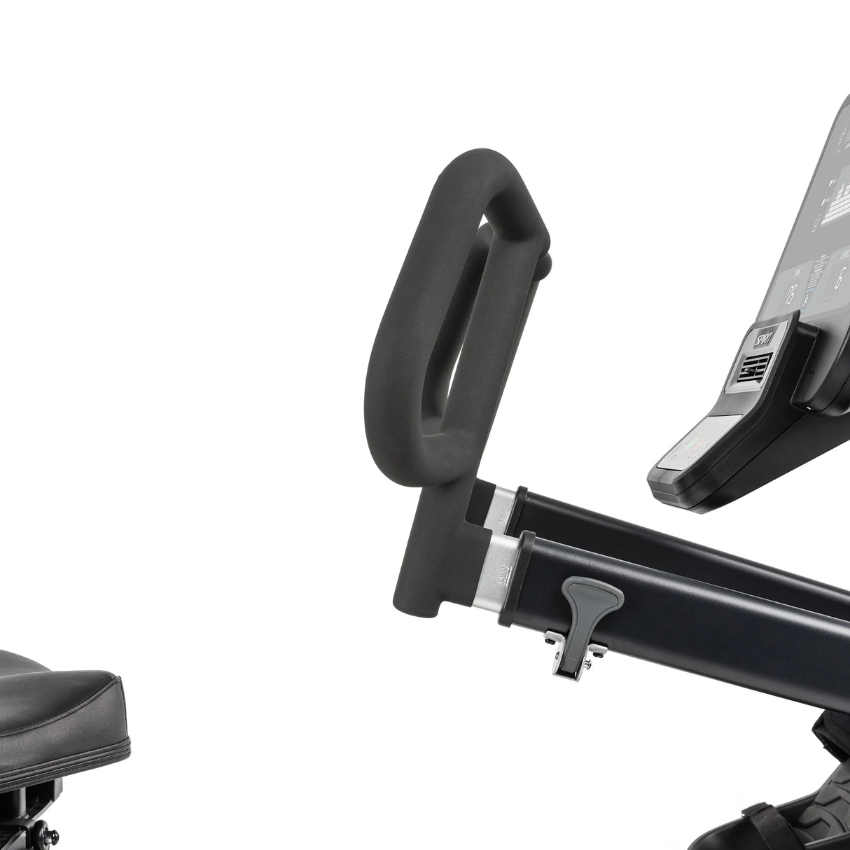 Close-up of the Spirit Fitness CRS800S Recumbent Seated Stepper by Spirit Fitness, highlighting the handlebars, seat, and part of the digital display against a plain white background.