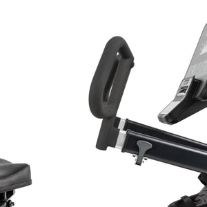 Close-up of the Spirit Fitness CRS800S Recumbent Seated Stepper by Spirit Fitness, highlighting the handlebars, seat, and part of the digital display against a plain white background.
