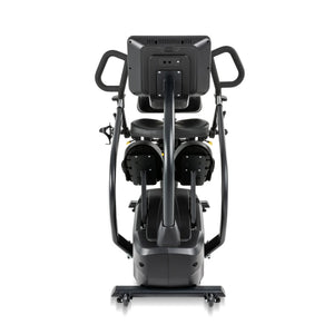 Front view of the Spirit Fitness CRS800S Recumbent Seated Stepper by Spirit Fitness, featuring its screen, handlebars, pedals, and sturdy base against a white background.