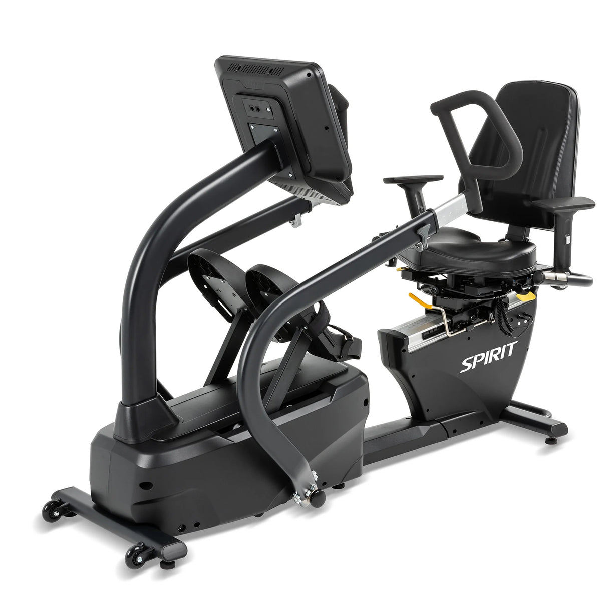 The Spirit Fitness CRS800S Recumbent Seated Stepper by Spirit Fitness is a black exercise bike with a large digital display, adjustable seat, handlebars, and foot pedals. The bike features the SPIRIT logo on its side.