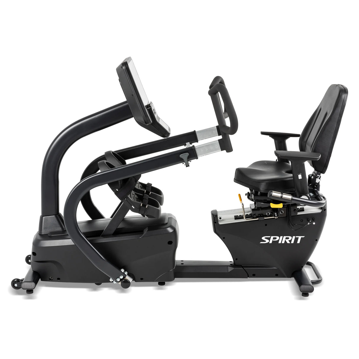 The Spirit Fitness CRS800S Recumbent Seated Stepper by Spirit Fitness is a black exercise machine with a seat, backrest, handlebars, foot pedals, and digital display console, shown on a white background.